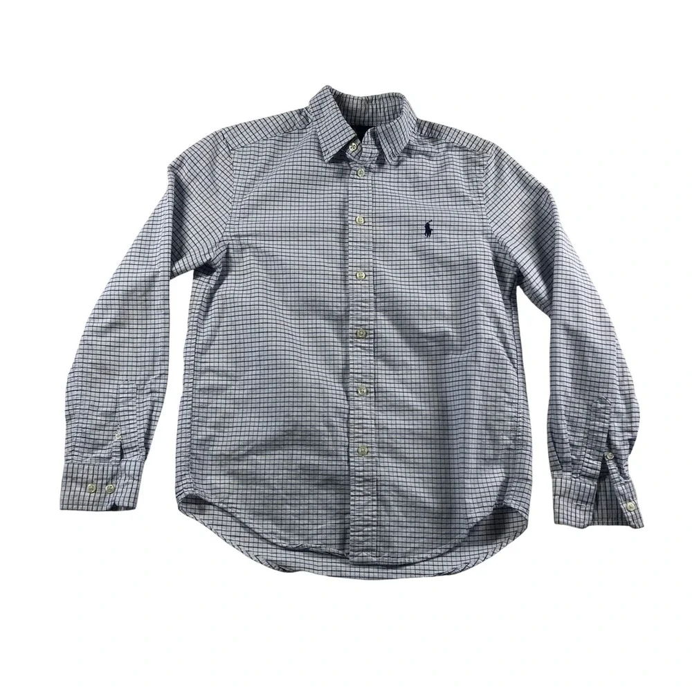 Ralph Lauren Boys Blue White Tattersall Check Button Down Shirt Size 14